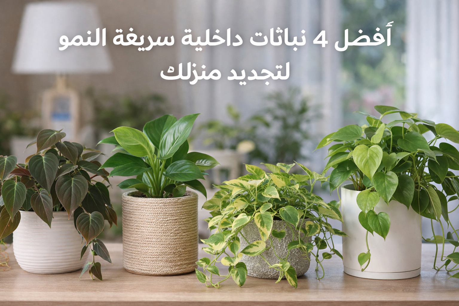 أربع نباتات داخلية سريعة النمو موضوعة في أصص داخل المنزل